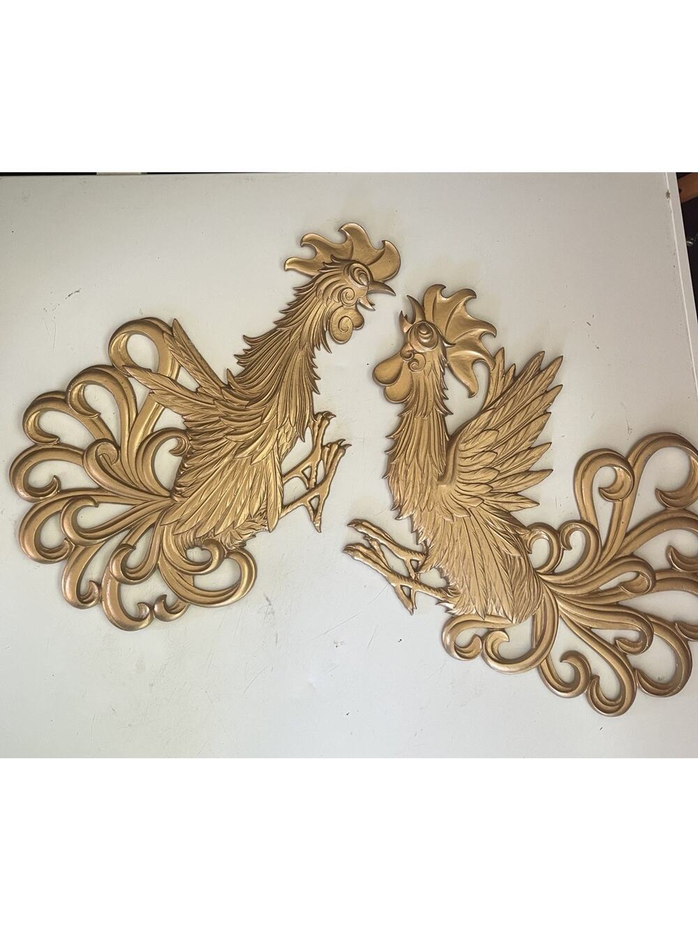 Vintage 1960s Sexton Metal Gold Fighting Roosters Wall Plaques Set Of 2 MCM